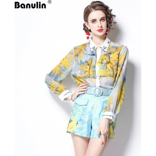 2021 Fashion Runway Shorts Set Womens Long Sleeve Ruffles Ruched Beading Floral Blouse and Belt Pocket Shorts 2 Pieces Suit