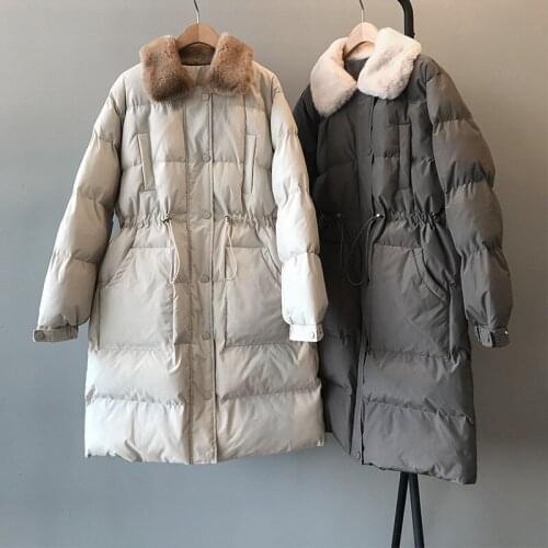 2020 Winter Real Fur Collar Cotton Vintage LLace-Up Waist Women Long Warm Coat Beige Oversize Parkas