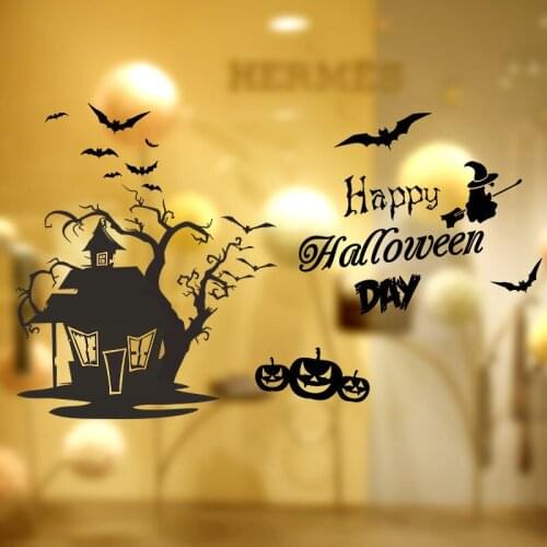 Bat Witch House Halloween Theme Wall Sticker For Store Home Decoration Diy Window Decals Festival Wall Vinyl Mural Art