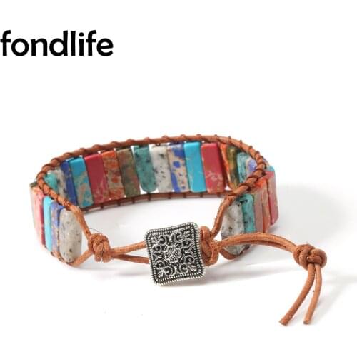 Boho Multicolor Emperor Stone Handmade Bacelet 2021 New Fashion Cowhide Leather Vintage Rope Woven Bangle Natural Jewelry Gift