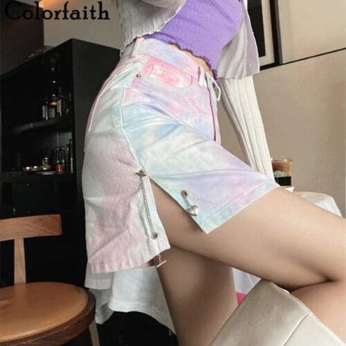 Colorfaith Y2K New 2021 Summer Women Skirt High Waist Tie dye A-Line Irregular Split Vintage Package Hip Sexy Mini Skirt SK4246