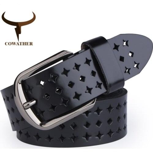 COWATHER 2019 new Women Cow Genuine leather belts hollow Korea fashion for women female pin buckle belt NQSK002 length 100-125CM