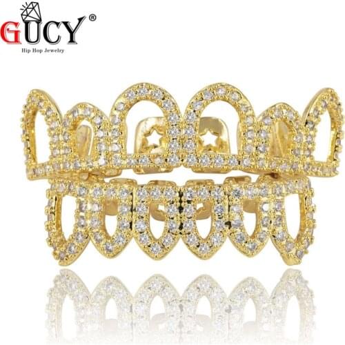 GUCY Pure GOLD Silver Color Plated Hip Hop Micro Pave CZ Fang Hollow Top & Bottom GRILLZ Vampire Teeth Grills Set