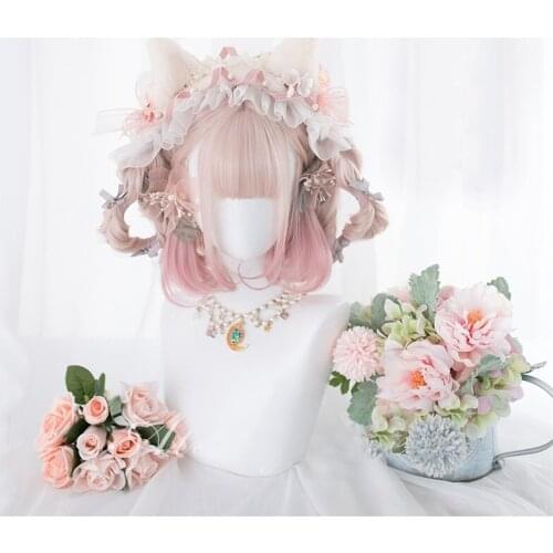 CosplayMix 30CM+50CM Lolita Mixed Pink Ombre Bob Wavy Bangs Long Short Synthetic Hair Cosplay Wig Ponytails+Cap