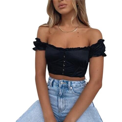 Womens Off Shoulder Crop Top Short Sleeve Central Single-Row Clasp Frill T-Shirt Summer Zipper Basic Tee Black/Red/White/Yellow