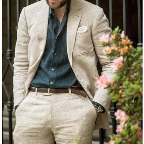 ANNIEBRITNEY Summer Beige Linen Wedding Suits Beach Tuxedos Bridegroom Men Suits Best Man Blazer Costume Custom Casual Suit Set