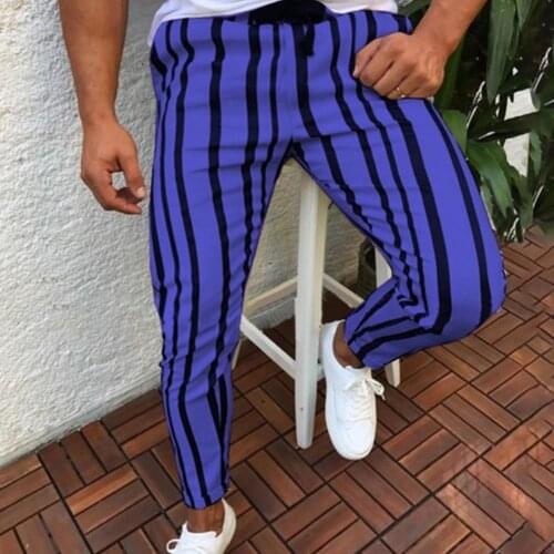 Casual Men pants штаны мужские Vertical Stripes Print Elastic Waistband Pockets Long Skinny Pants Mens Clothing 2021 Size 3XL