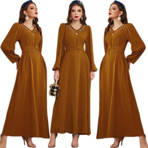 Moroccan Muslim Women Abaya Rhinestone V-neck Long Maxi Dress Dubai Turkey Kaftan Islamic Clothing Caftan Gown Vestidos Ramadan