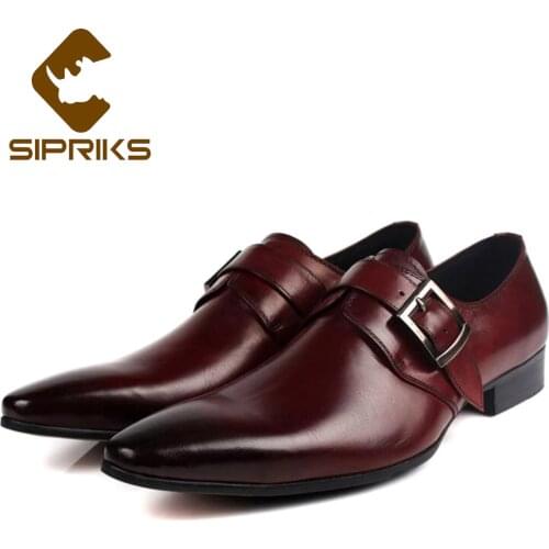 Sipriks Single Monk Strap Shoes For Men Buckle Black Social Shoes Genuine Leather Red Brown Dress Shoes Male Formal Tuxedo Suits