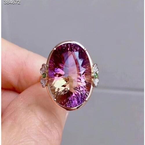 Genuine Natural Ametrine Quartz Purple Yellow Faceted Women Adjutable Ring 12*16mm Rare Fashion Jewelry Gift AAAAAA