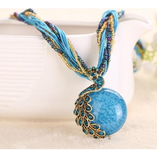 Natural Stone Peacock Necklaces Thick Twisted Beads Chain Ethnic Boho Bohemian Style Pendant Necklace for Women