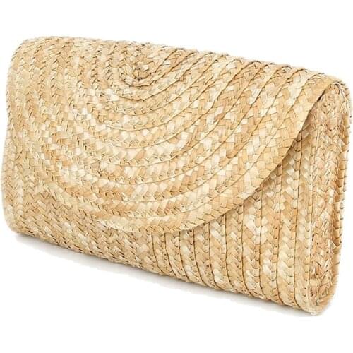 Straw Clutch Purses For Women Summer Beach Handbags, Wedding Envelope Wallet Color: Brown