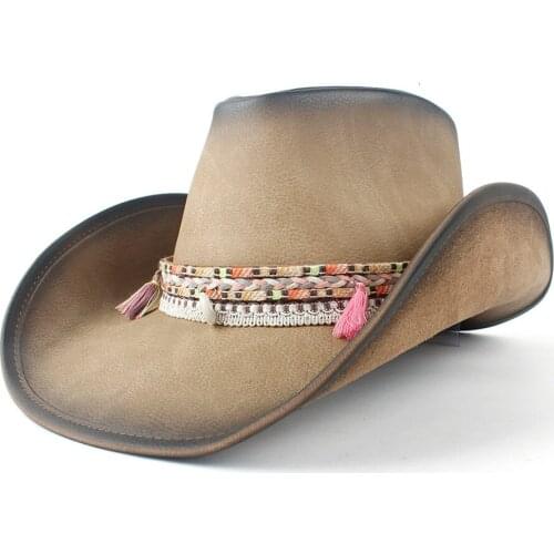 Retro Unisex Vintage Wide Brim Leather Cowboy Cowgirl Western Hat With Tassel Braid Leather Band Size 58-59CM