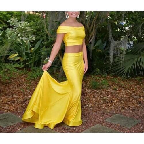 Vkbridal Elegant Boat Neck Long Yellow Prom Dresses Mermaid Two Pieces Pleated Party Dresses Zipper Back Formal Evening Gowns