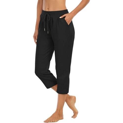 Women Capri Pants Casual Drawstring Solid Color High Waist Loose 3/4 Trousers Sports Fitness Capris Pants Summer