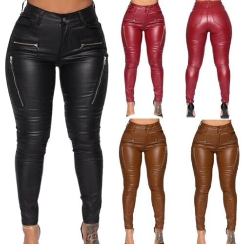 Women Sexy Faux Leather Stretch Skinny Pants Mid Rise Solid Color Leggings Fake Zipper Detail Tight Trousers with Pocket
