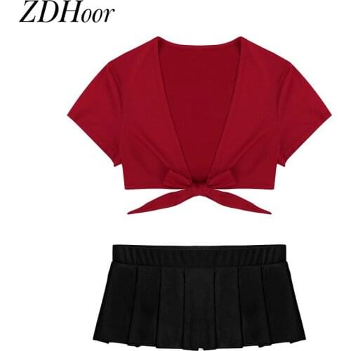Womens Schoolgirl Cosplay Costume Outfit Casual Party Club Wear Short Sleeve Tie Up Bolero Crop Top Low Rise Pleated Mini Skirt