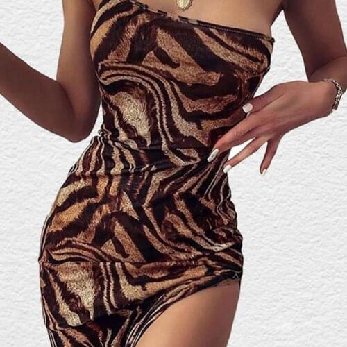 Sexy Split Women Summer Dresses Sleeveless Off Shoulder Neck Leopard Print Single Slip Bodycon Dress