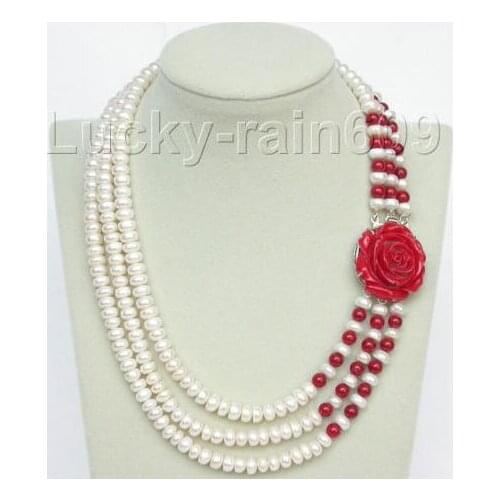 Fine quality jewelry Nobility Womans jewelry 17"-20" 8mm 3row round white freshwater pearls red coral necklace