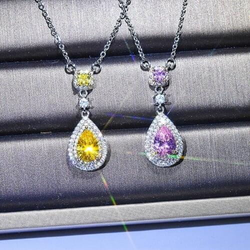 QTT Womens Luxury 925 Silver CZ Pink Crystal Pendant Necklace Trendy Charms Sweater Necklace Engagement Party Jewelry Gift