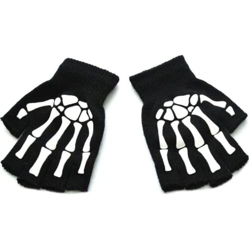 Unisex Adult Halloween Skeleton Skull Half Finger Gloves Glow in the Dark Fingerless Stretch Knitted Winter Mittens