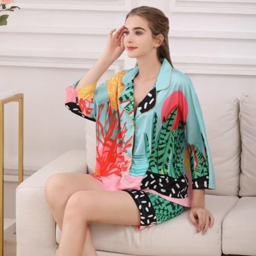 2 Pieces Ice silk pajamas women Sleepwear Satin thin short sleeve shorts two piece suit fashion home wear women Ladies Pyjamas