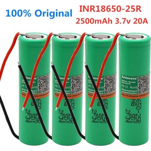 4pcs 100% Original INR18650-25R 2500mAh Brand For 18650 Li-Ion battery 2500mAh Rechargeable battery 3.6V INR18650 25R+DIY wire