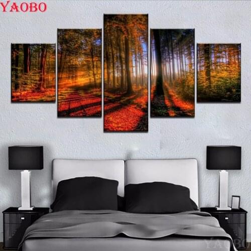 5pcs Sunrise Forest Landscape diamond embroidery full display 5d diy diamond painting rhinestone mosaic painting home decoration