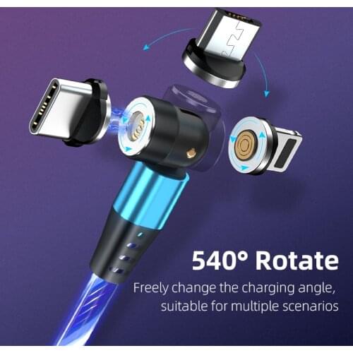 540 Rotate Magnetic Micro USB Type C Cable 3A Fast Charging LED Glowing Data Cord For iPhone 12 Mobile Phone USB C Charge Cable