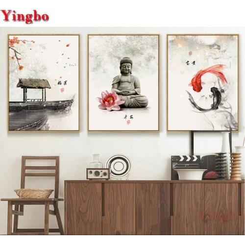 3 Pieces DIY 5D Diamond Painting Flowers Buddha Full Square round Chinese Calligraphy Painting Diamond Embroidery Cross Stitch
