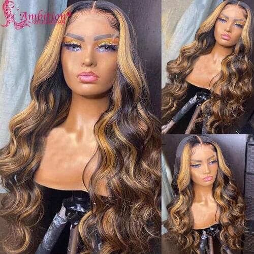 Ambition Remy Human Hair Lace Frontal Wigs 1b27 Highlight Preplucked Lace Front Wigs Wavy 180% Bleach Knots Lace Wigs for Women