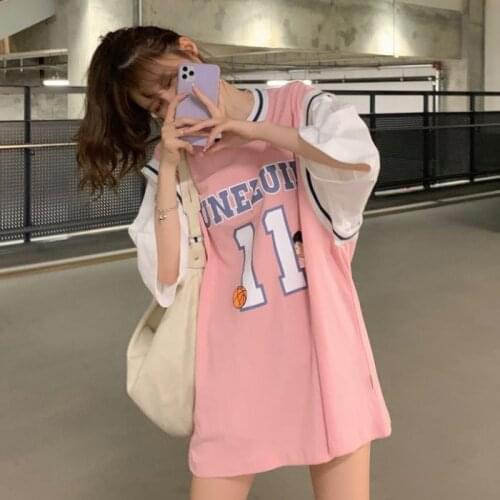Fake Two-piece Basketball Uniform T-shirt Women New Jersey Short-sleeved Student Korean Version Loose Mid-length Half-sleeved