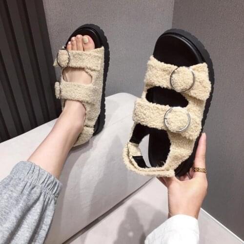 Low Sandals Woman Leather Suit Female Beige Large Size Shoes Fur Heels Low-heeled Gladiator Flat Black Big Fashion Outside 2021