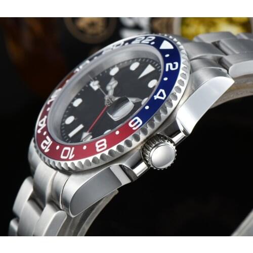 GMT automatic movement watch 40mm sterile sapphire crystal dial red / blue stainless steel bezel strap R8