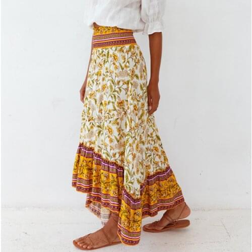 Jastie Vintage Floral Print Skirt Women Summer Boho Long Skirts Elastic Waist Ladies Ethnic Beach Casual Chic Maxi Skirt 2021
