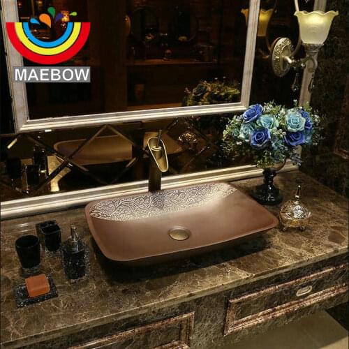 Classic Vintage Handmade Brown Rectangular Countertop Ceramic Bathroom Sink Wash Basin