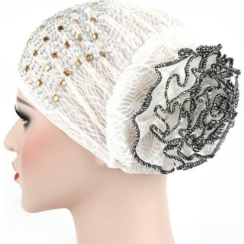 Square Rhinestones Head Beanie Women Summer Flower Muslim Hat for Lady Cotton Blends India Hat Fashion Cancer Chemo Hats