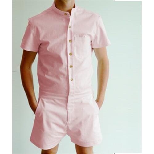 Summer Mens Rompers Fashion Short Sleeve One-piece suit Male Single Breasted Jumpsuit Short Pants Zip Trousers Cargo Overalls