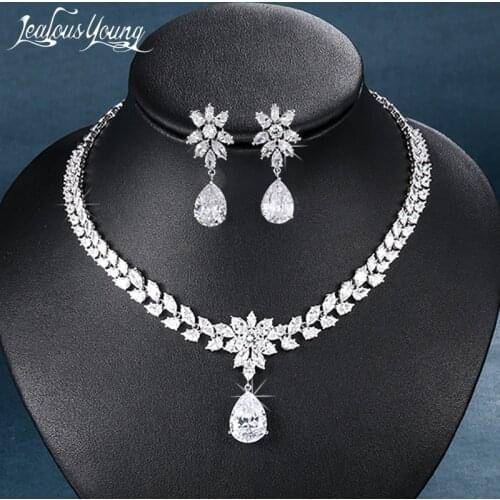 Fashion Flower Cubic Zirconia Crystal Women Earrings Necklace Sets for Brides Wedding Costume Jewelry Set AS036