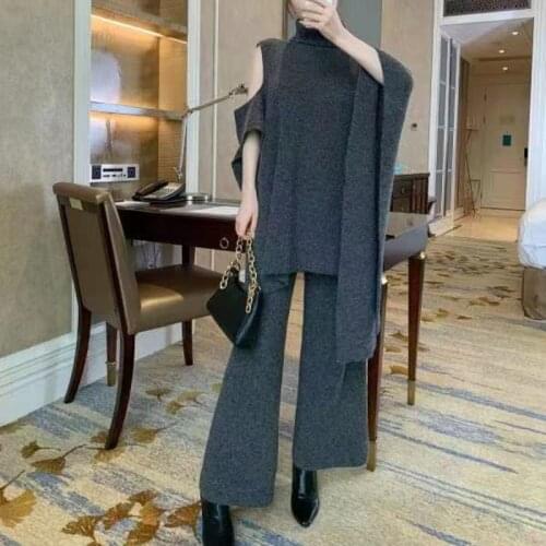 Fashion Autumn Winter Womens Suit Turtleneck Irregular Batwing Sleeve Loose Sweater + Wide Leg Pants Casual Two Piece Set