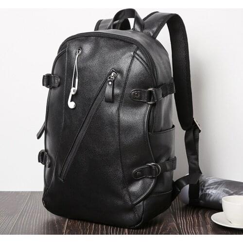 Fashion Casual Mens Backpack High Quality Black Leather PU Travel Daypack Large Capacity Student Laptop School Bag USB Charging