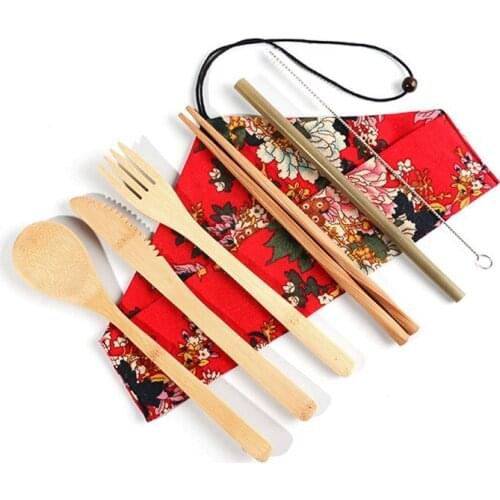 6pcs Outdoor Portable Bamboo Tableware Knife and Fork Spoon Set Outdoor Chopsticks Straw Tableware Forks Knives Spoons