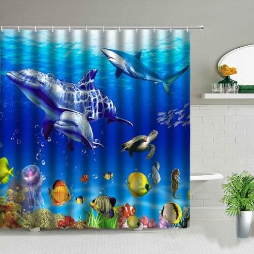 Shower Curtain Set Ocean Dolphin Sea World Animal Waterproof Home Bathroom Decor Child Bath Curtains Cute Fishes Bathtub Decor