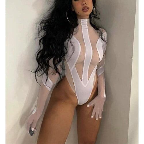 OMSJ One Piece For Women Fashion Autumn Sexy Hollow Out See-Through Mesh Patchwork Long Sleeve Bodycon Bodysuit With Gloves 2021