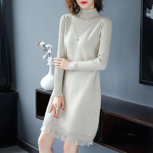 Autumn Winter Women Knitted Dress New Fashion Lace Stitching Pullover Sweater Dress Female Casual temperament Office Dress R524