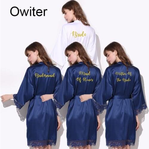 Owiter Women Navy Gold Gown Matt Stain Bride Bath Robe Wedding Christmas Gift Bridal Bridesmaid Dressing White Robes Clothes New