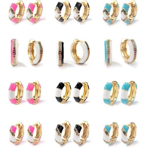 New Fashion Cubic Zirconia CZ Huggie Earrings for Women Charm Boho Multicolor Enamel Small Circle Hoop Earrings India Jewelry
