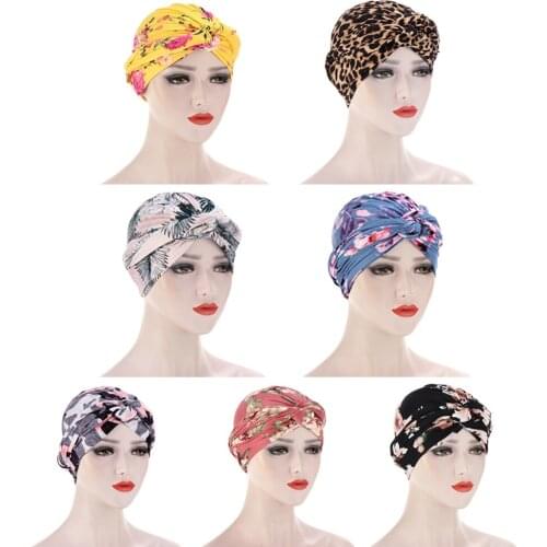 Cross Knot Flower Printed Turban Hat Women Headbands Casual Female Muslim Indian Hats Ladies Hair Accessories Fashion Chemo Cap