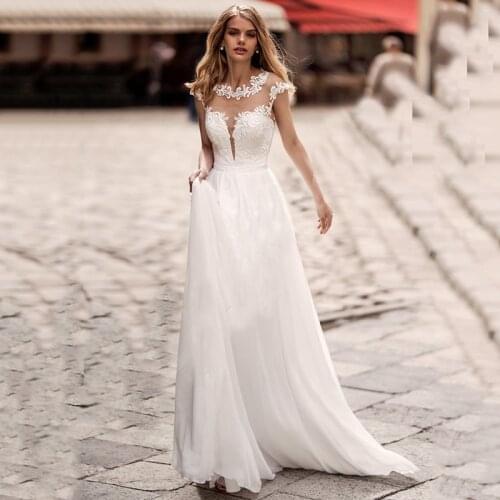 Chiffon O Neck Wedding Dress A Line Appliqued Beach Bridal Dress Custom Made Bohemian Wedding Gowns vestido de noiva 2021