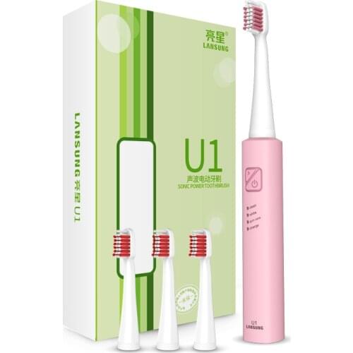 LANSUNG Ultrasonic Sonic Toothbrush USB Charge Rechargeable With 4 Pcs Replacement Heads Tooth Brushes Timer Brush